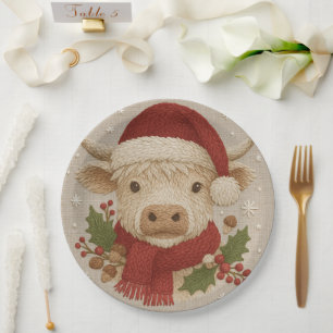 Assiettes En Carton Vache rustique Highland avec chapeau de Santa