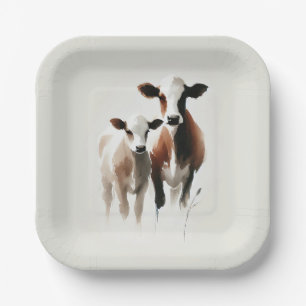 Assiettes En Carton Vaches à l'aquarelle Mariage minimal rustique