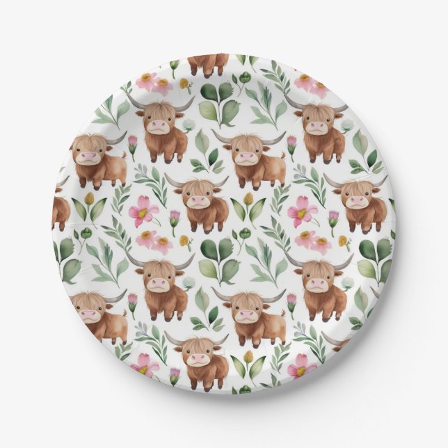 Assiettes En Carton Vaches Highland et fleurs roses Motif Floral (Devant)