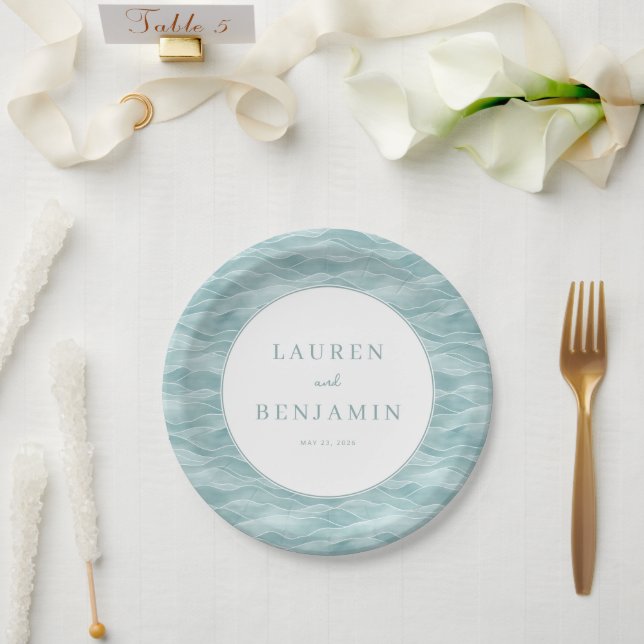 Assiettes En Carton Vague Bleue Sérène Océanique (Mariage)