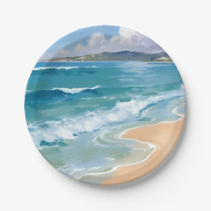 Assiettes En Carton Vagues d'aquarelle d'océan Peinture côtière de mer