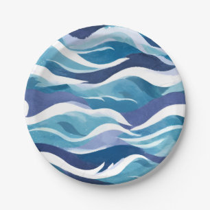 Assiettes En Carton Vagues de l'océan bleu   Aquarelle simpliste moder