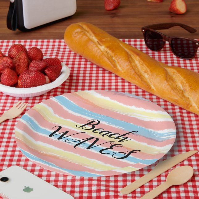 Assiettes En Carton Vagues de plage jaune rose bleu aquarelle (Pique-nique)