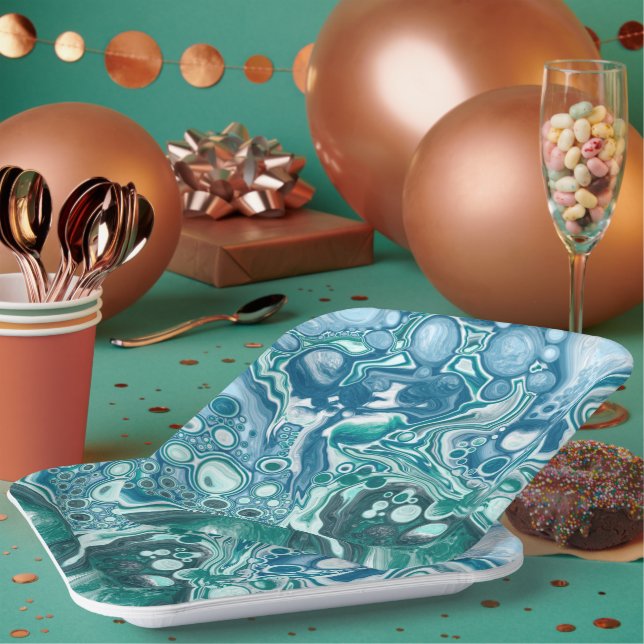Assiettes En Carton Vagues et bulles turquoise et bleu océan (Multi)
