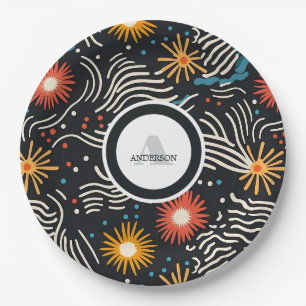 Assiettes En Carton Vagues florales Abstraites sur noir