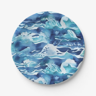 Assiettes En Carton Vagues océaniques   Aquarelle sarcelle Bleu aqua