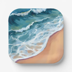 Assiettes En Carton Vagues océaniques bleu aquarelle côtière