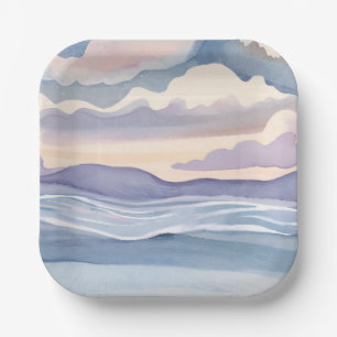 Assiettes En Carton Vagues océaniques rêveuses   Aquarelle