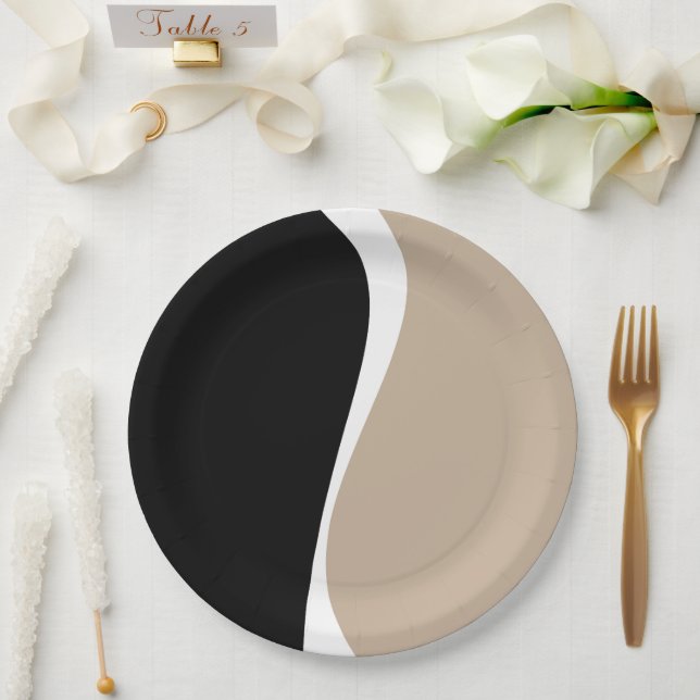 Assiettes En Carton Vagues simples 2 - Taupe, noir et blanc (Mariage)