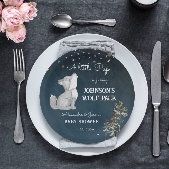 Assiettes En Carton Vaisselle de baby shower à thème pour petits loups (Wolf themed baby shower tableware personalized plates cute howling wolf cub starry night woodlands)