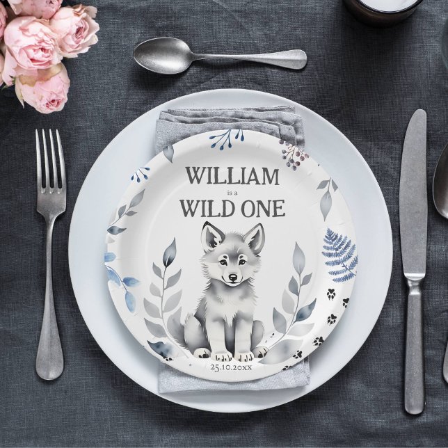 Assiettes En Carton Vaisselle de fête d'anniversaire à thème Wild One  (Wild one wolf themed birthday party tableware cute wolf cub party plates woodlands forest animals )