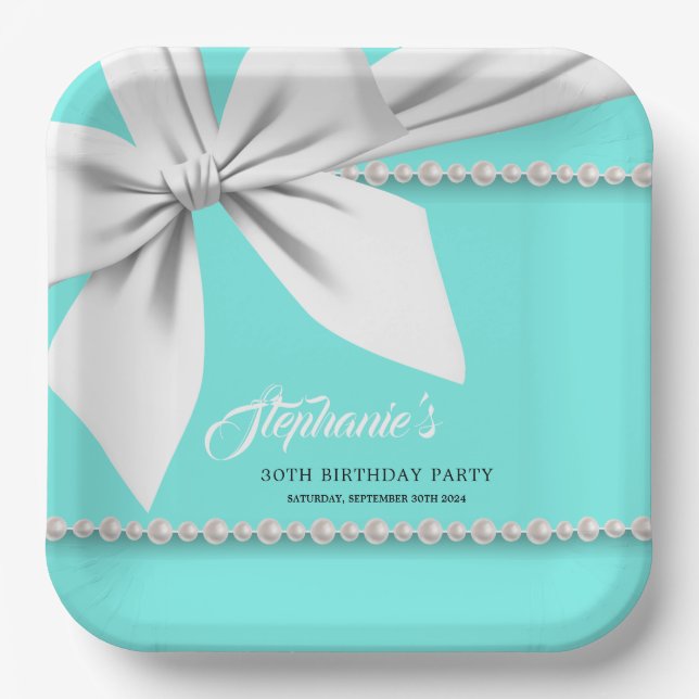 Assiettes En Carton Vaisselle de fête élégante Aqua Tiffany Perles (Recto)