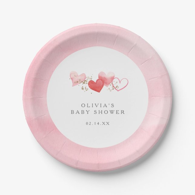 Assiettes En Carton Valentine Aquarelle Coeurs Baby shower fille (Devant)