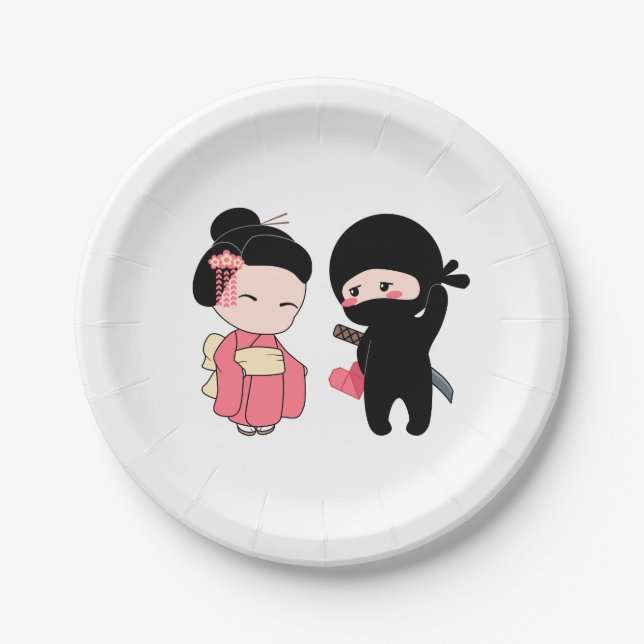 Assiettes En Carton Valentine Ninja et Geisha (Devant)