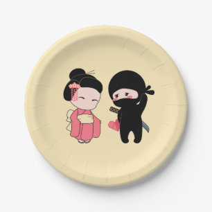 Assiettes En Carton Valentine Ninja et Geisha sur Yellow