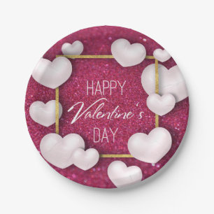 Assiettes En Carton Valentine's Day White Hearts Parties scintillant P