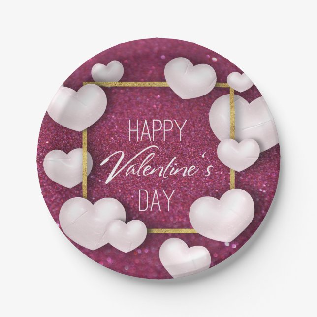 Assiettes En Carton Valentine's Day White Hearts Parties scintillant P (Devant)