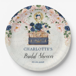 Assiettes En Carton Valise de voyage vintage Navy Blush Shower de mari