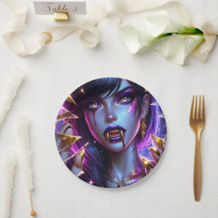 Assiettes En Carton Vampire avec des yeux et des dents en or Halloween