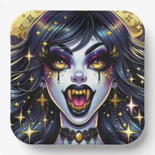 Assiettes En Carton Vampire avec Gold Fangs Pleine lune Halloween Part