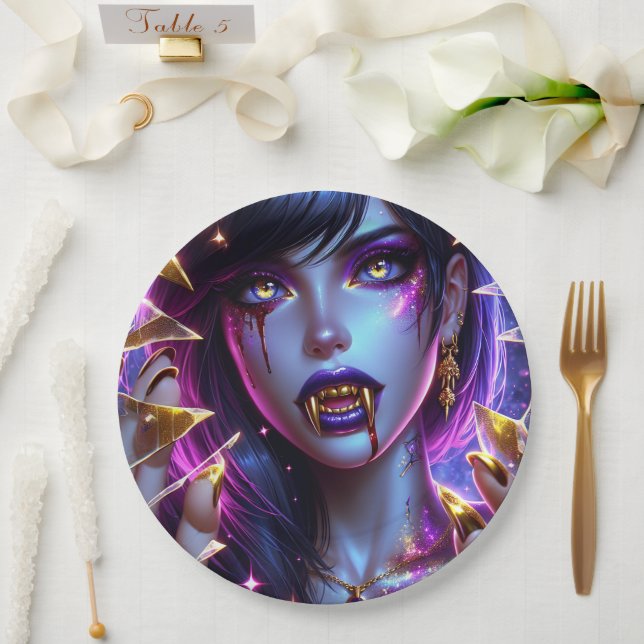 Assiettes En Carton Vampire avec yeux d'or et dents Halloween (Mariage)