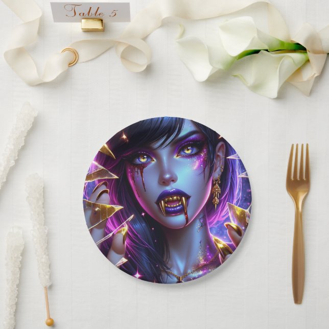 Assiettes En Carton Vampire avec yeux d'or et dents Halloween (Mariage)