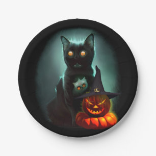 Assiettes En Carton Vampire Chat et Assistant Citrouille Halloween Sur