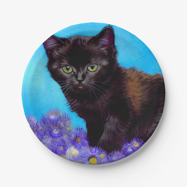 Assiettes En Carton Van Gogh Chat et fleurs (Devant)