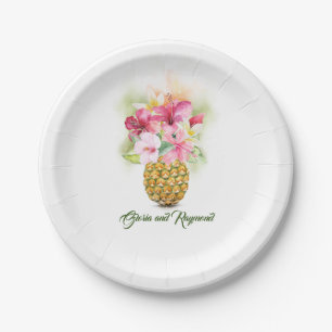 Assiettes En Carton Vase d'ananas Tropical Floral Beach Mariage