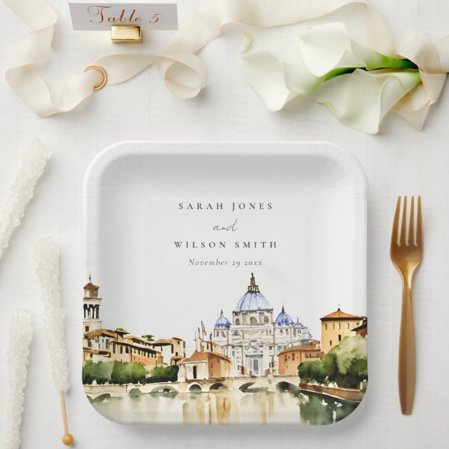 Assiettes En Carton Vatican Rome Italie Aquarelle Paysage Mariage (Mariage)