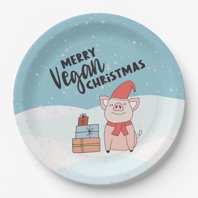 Assiettes En Carton Végétan Noël avec piglet de dessin animé et cadeau (Devant)