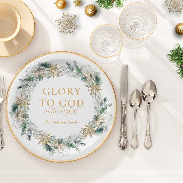 Assiettes En Carton Végétation d'hiver Bible Verse Noël religieux (Religious Christmas paper plate with Glory to God Bible verse and winter greenery)