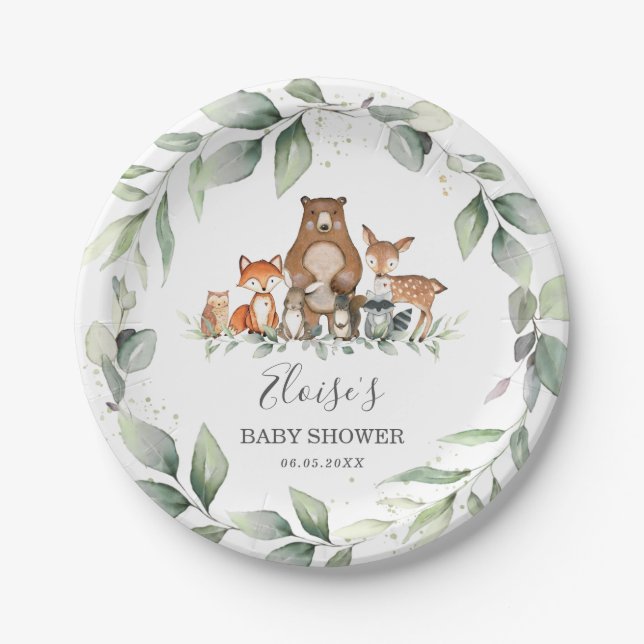 Assiettes En Carton Végétation Mignonne Bois Animaux Baby shower Neutr (Devant)