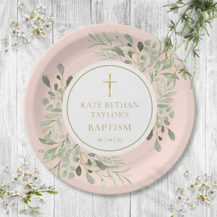 Assiettes En Carton Végétation rose pâle Baptême Christening