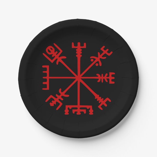 Assiettes En Carton Vegvísir rouge sang (boussole de Viking) (Devant)