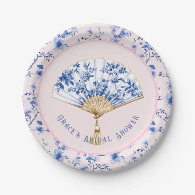 Assiettes En Carton Ventilateur Chinoiserie rose et bleu | Thé nuptial (Devant)