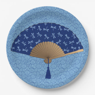 Assiettes En Carton Ventilateur japonais, Motif de libellules, bleu Co