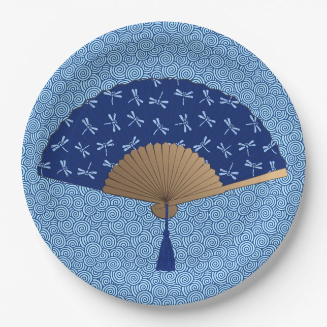 Assiettes En Carton Ventilateur japonais, Motif de libellules, bleu Co (Devant)