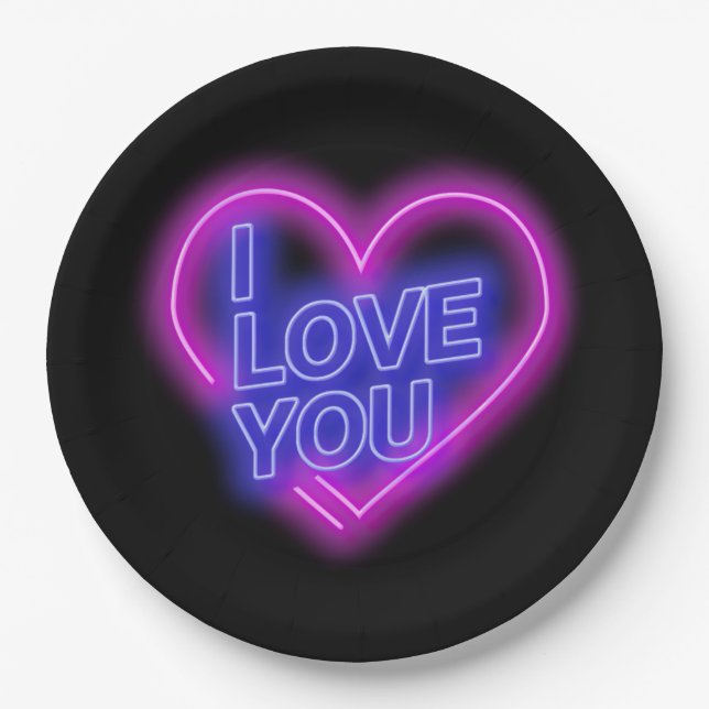 Assiettes En Carton Véntines bleu rose néon brillant Coeur large 9" (Devant)