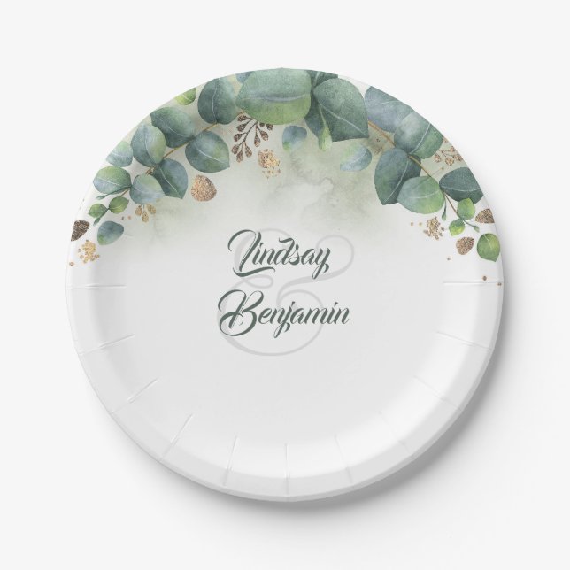 Assiettes En Carton Verdure - Eucalyptus et Mariage Feuille or (Devant)
