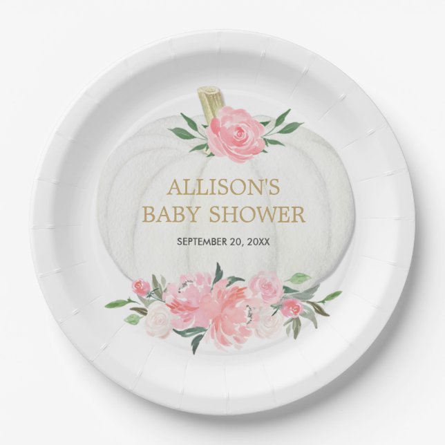 Assiettes En Carton Verdure florale rose vif citrouilles blancs (Devant)