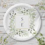Assiettes En Carton Verdure Monogramme Initiales Mariage<br><div class="desc">Dotés de délicats feuilles d'aquarelle,  ces élégantes plaques en papier botanique peuvent être personnalisées avec vos initiales monogrammes. Conçu par Thisisnotme©</div>