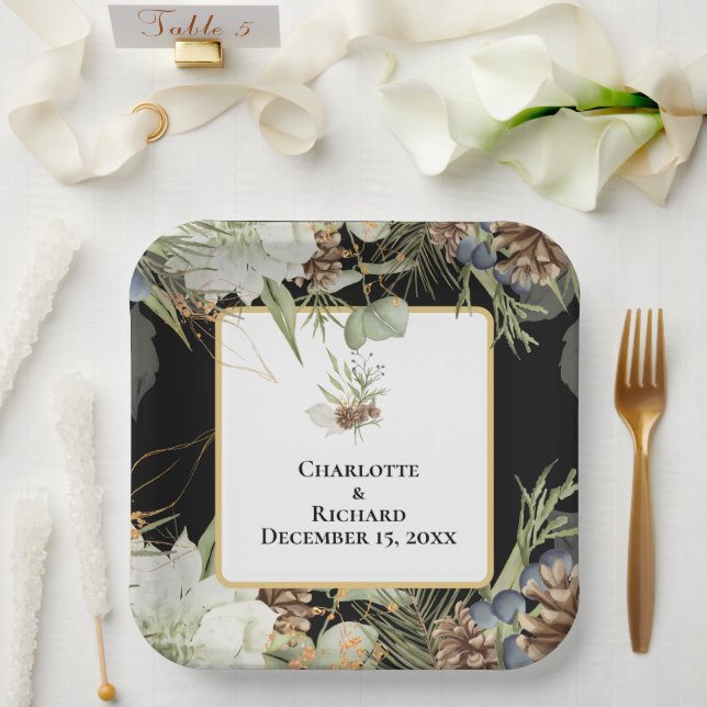 Assiettes En Carton Verdure rustique & Pinecones en noir (Mariage)
