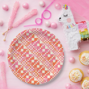 Assiettes En Carton Vérifié, Chèques - rose, orange et crème