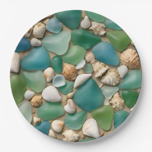 Assiettes En Carton Verre de mer bleu et vert de plage et coquillages