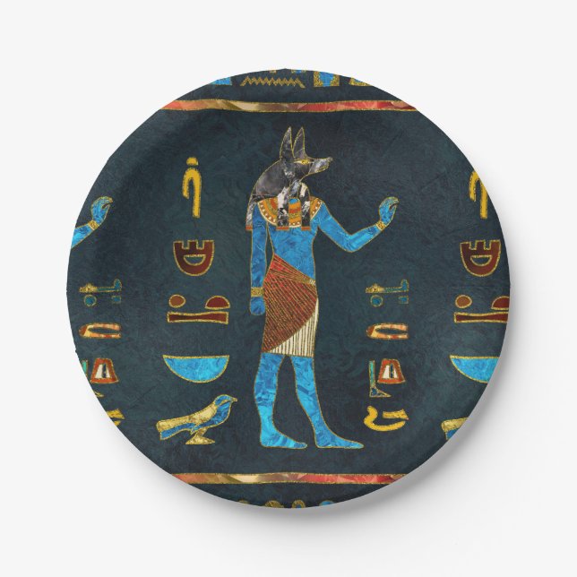 Assiettes En Carton Verre d'or d'Anubis, bleu et rouge égyptien (Devant)
