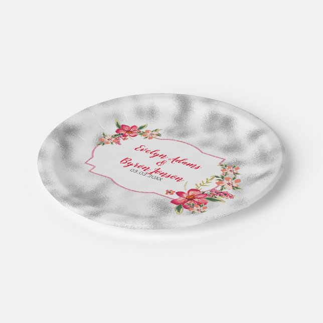 Assiettes En Carton Verre Gray Clair Foggy Et Fleurs Roses (Angle)