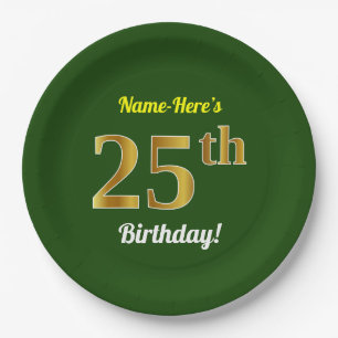 Assiettes En Carton Vert, anniversaire d'or de Faux 25ème + Nom fait