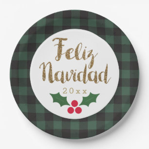 Assiettes En Carton Vert Buffalo Plaid Or Feliz Navidad