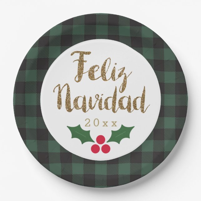 Assiettes En Carton Vert Buffalo Plaid Or Feliz Navidad (Devant)
